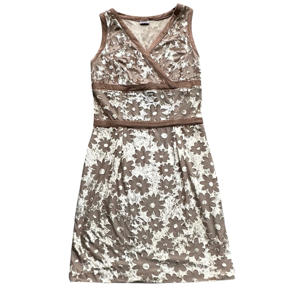 SISON Vintage Tan/Brown Floral Burnout Velvet Mini Dress 70s Style Y2K Fairycore